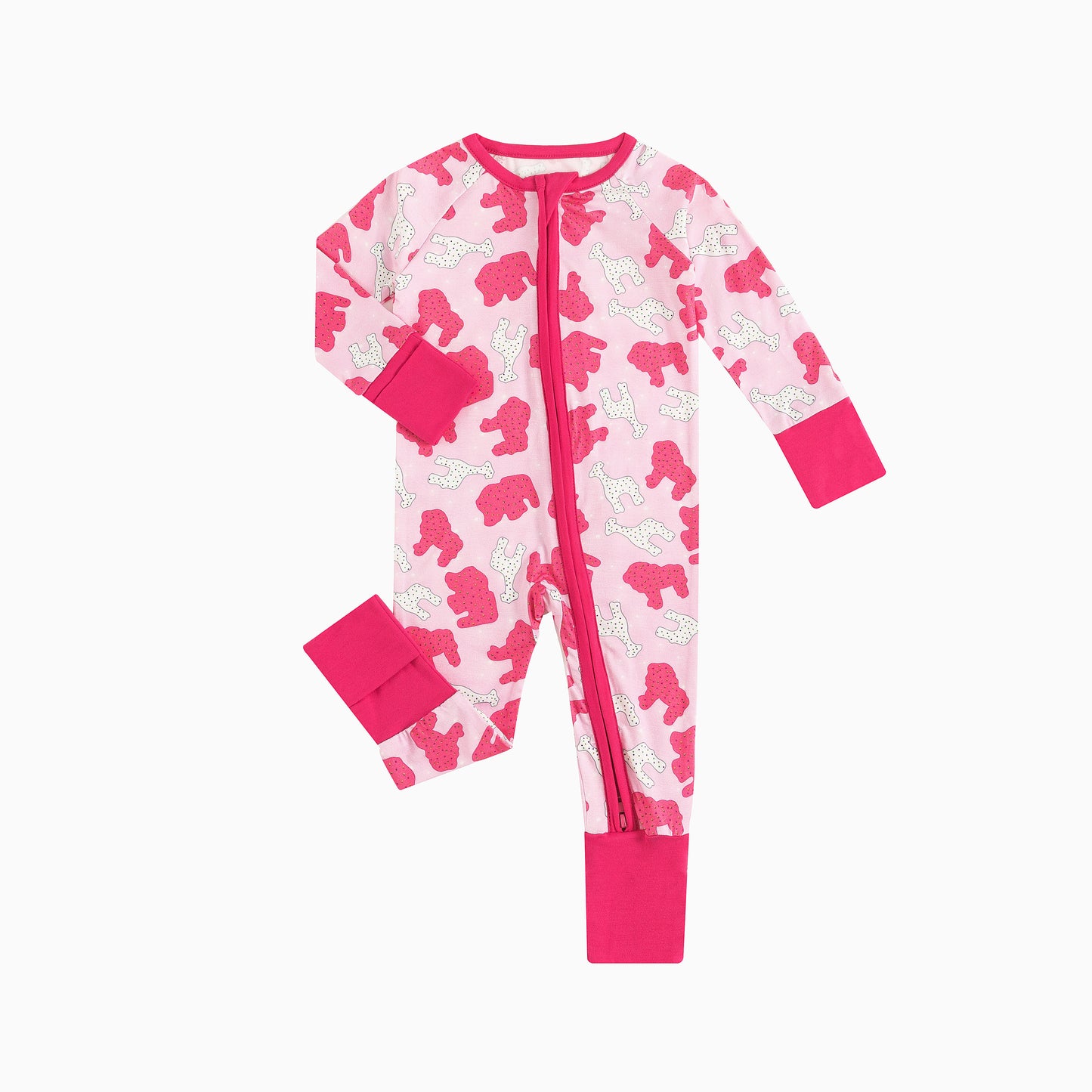 Christmas Pink Teddy Print Baby Bamboo Zipper Romper Pajamas