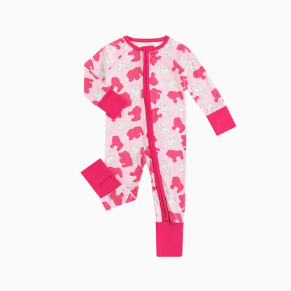 Christmas Pink Teddy Print Baby Bamboo Zipper Romper Pajamas