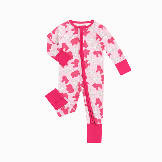 Christmas Pink Teddy Print Baby Bamboo Zipper Romper Pajamas