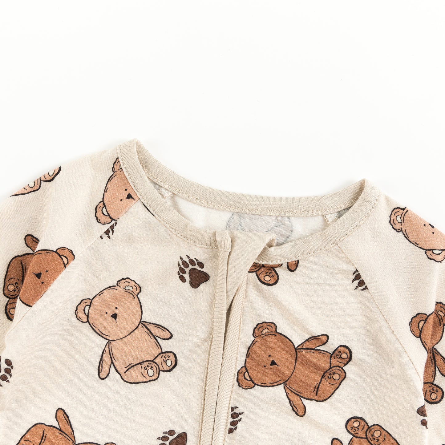 Cozy Beige Baby Bear Paw Print Bamboo Zip-Up Romper