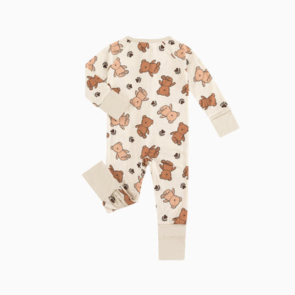 Cozy Beige Baby Bear Paw Print Bamboo Zip-Up Romper
