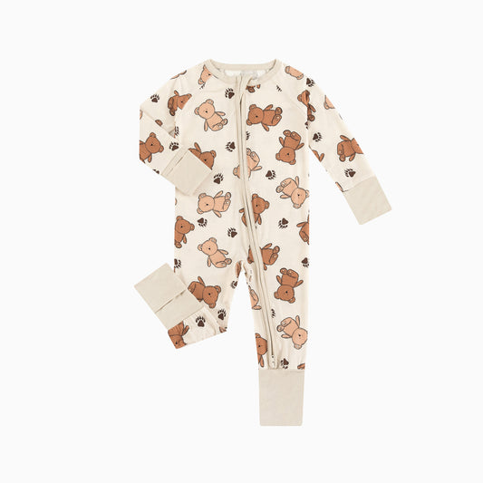 Cozy Beige Baby Bear Paw Print Bamboo Zip-Up Romper
