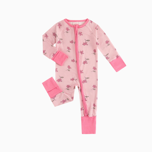 Pink Flower Baby Bamboo Zipper Romper Pajamas