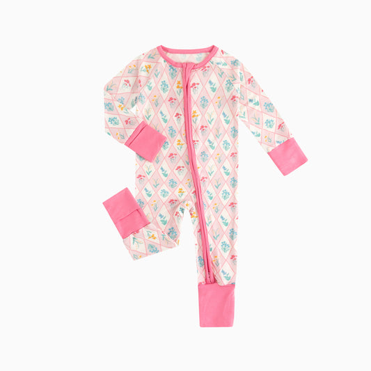 Diamond Lattice Flowers Baby Bamboo Zipper Romper Pajamas