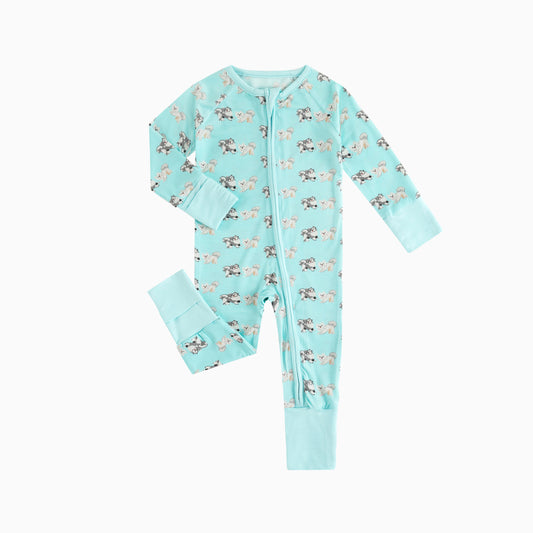 Cute Puppy Blue Baby Bamboo Zipper Romper Pajamas
