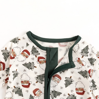 Santa Claus Christmas Tree Baby Bamboo Zipper Romper Pajamas