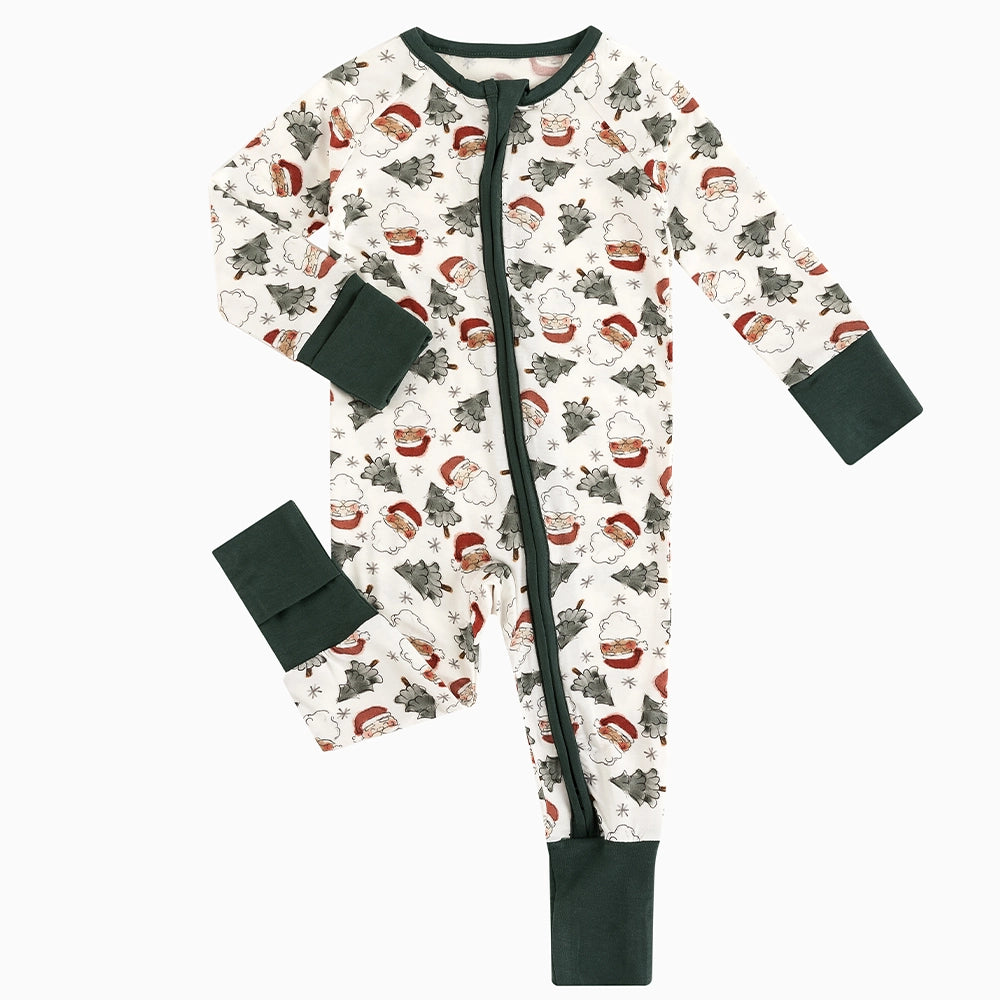 Santa Claus Christmas Tree Baby Bamboo Zipper Romper Pajamas