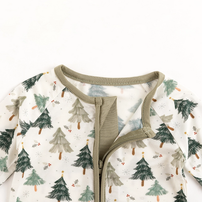 Christmas Tree Green Baby Bamboo Zipper Romper Pajamas