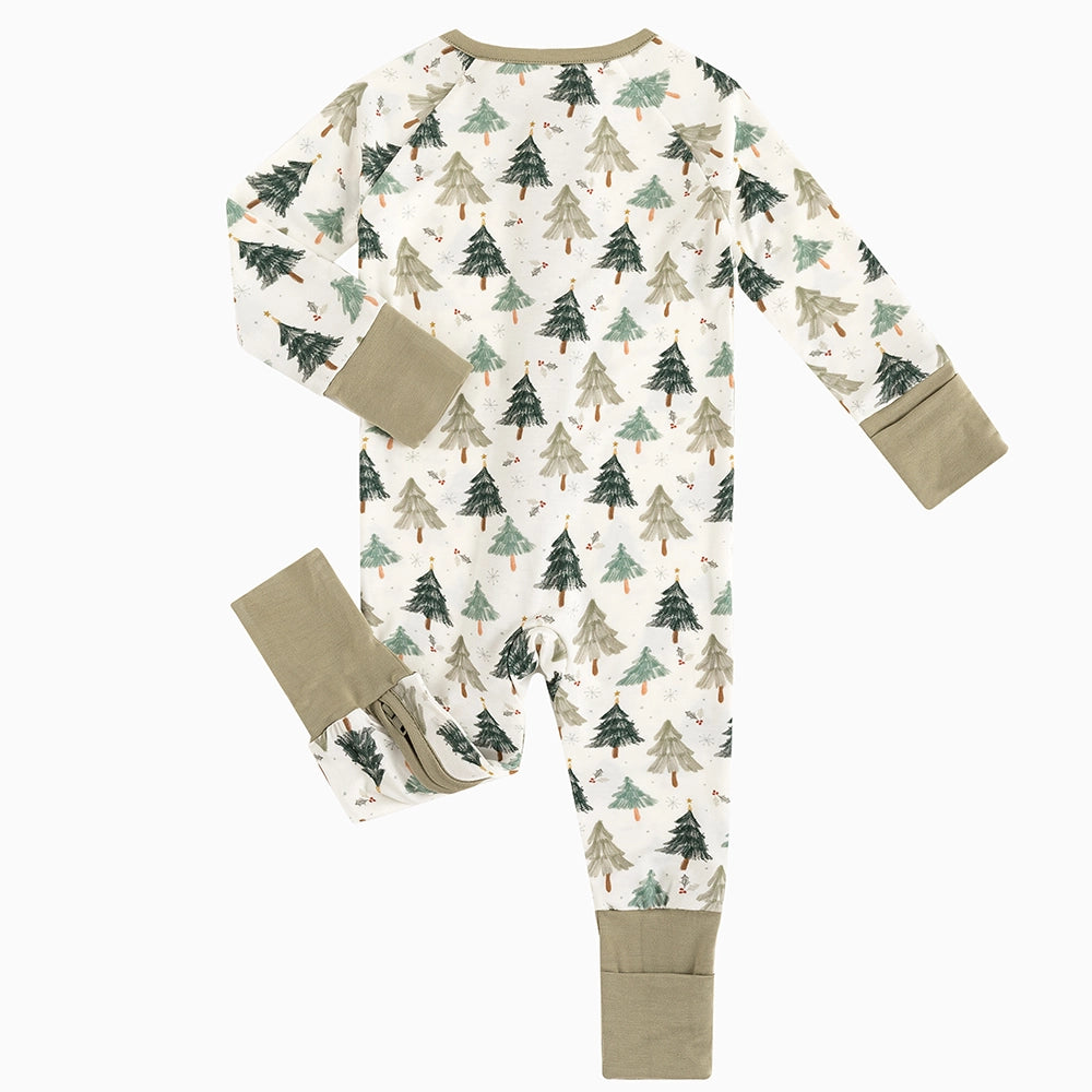 Christmas Tree Green Baby Bamboo Zipper Romper Pajamas