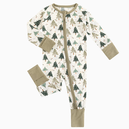 Christmas Tree Green Baby Bamboo Zipper Romper Pajamas
