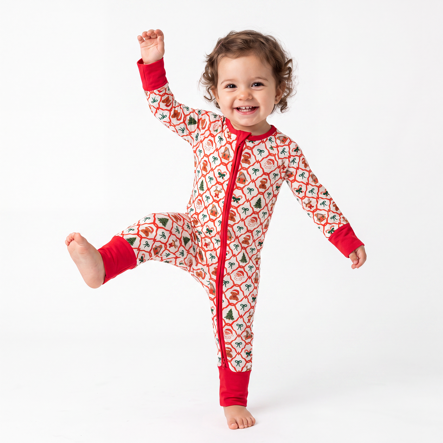 Christmas Plaid Red Bamboo Zipper Romper Pajamas