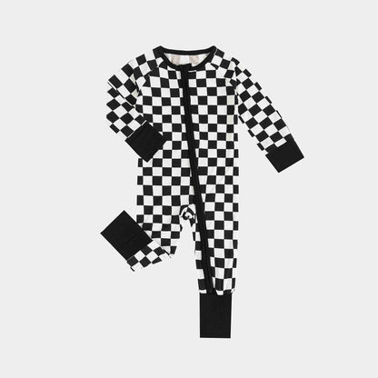 Black and White Checkerboard Bamboo Zipper Romper Pajamas