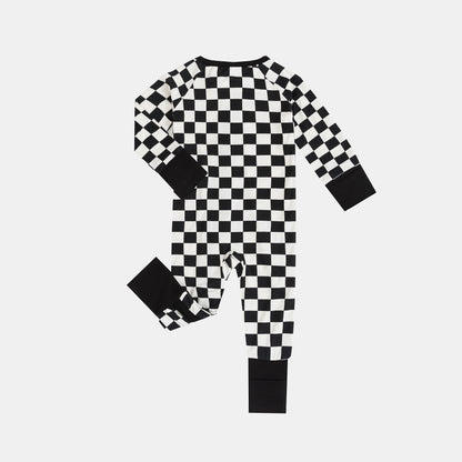 Black and White Checkerboard Bamboo Zipper Romper Pajamas