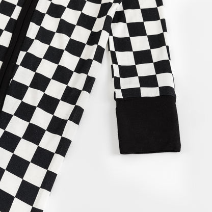 Black and White Checkerboard Bamboo Zipper Romper Pajamas