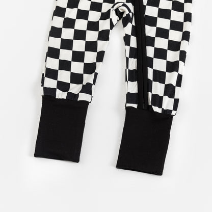 Black and White Checkerboard Bamboo Zipper Romper Pajamas