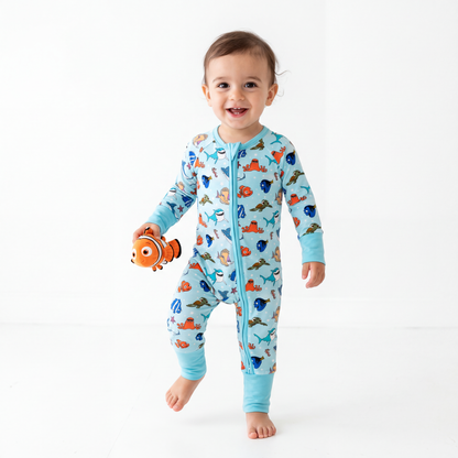 Marine Life Fish Turtle Bamboo Zipper Romper Pajamas