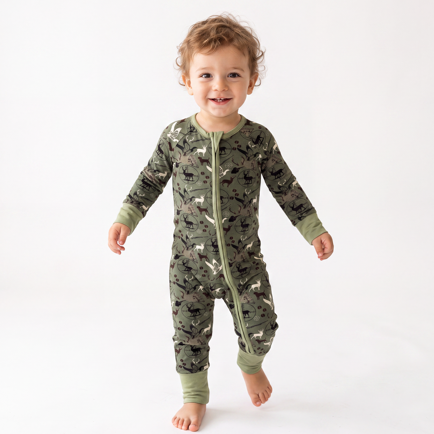 Christmas Hunting Animal Baby Bamboo Zipper Romper Pajamas