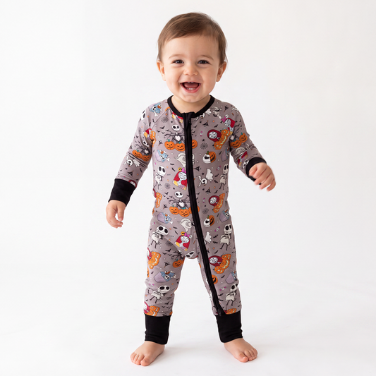 Halloween Skeleton King Pumpkin Baby Bamboo Zipper Romper Pajamas