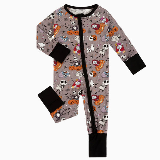 Halloween Skeleton King Pumpkin Baby Bamboo Zipper Romper Pajamas