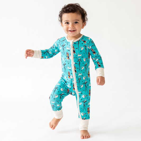 Halloween Bat Skeleton King Blue Baby Bamboo Zipper Romper Pajamas
