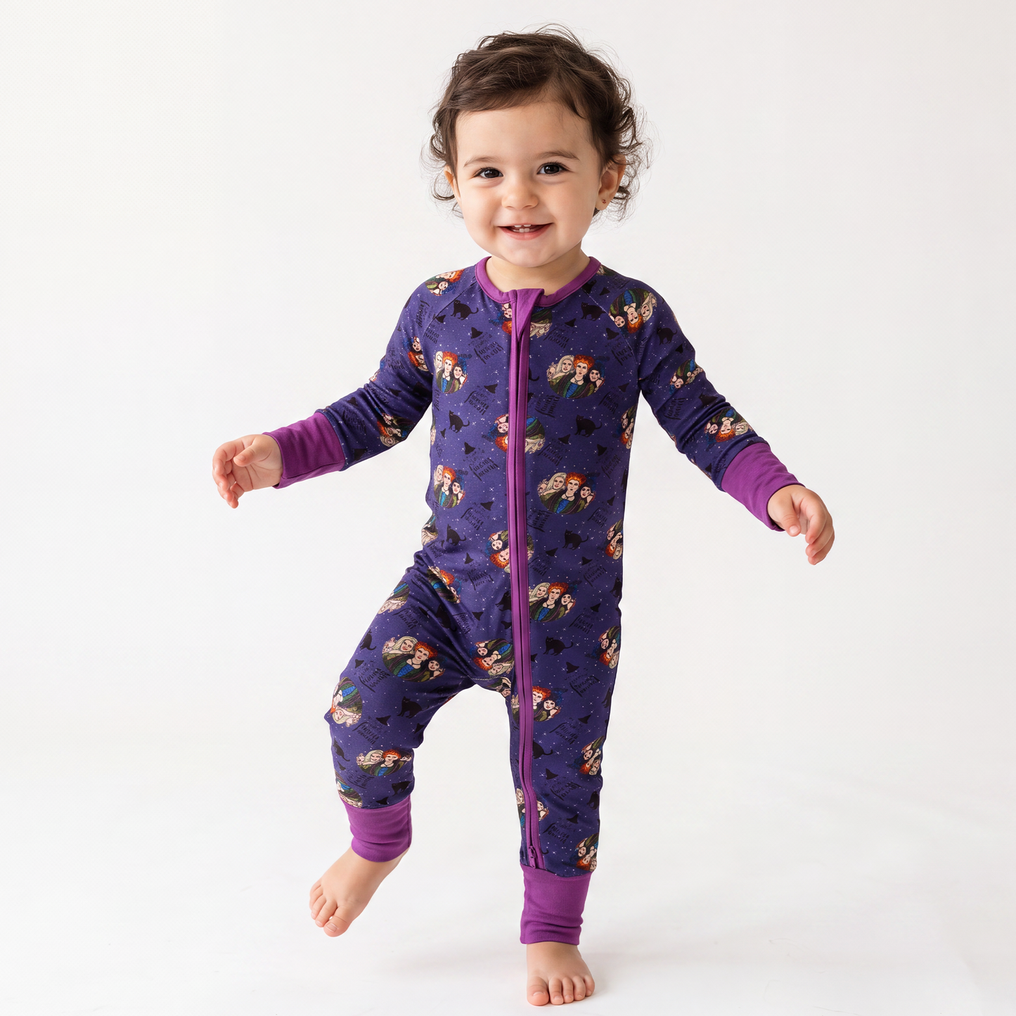 Halloween Witch Sisters Black Cat Baby Bamboo Zipper Romper Pajamas