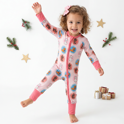Cute Cat Pink Baby Bamboo Zipper Romper Pajamas