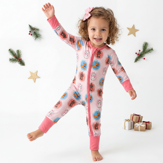 Cute Cat Pink Baby Bamboo Zipper Romper Pajamas