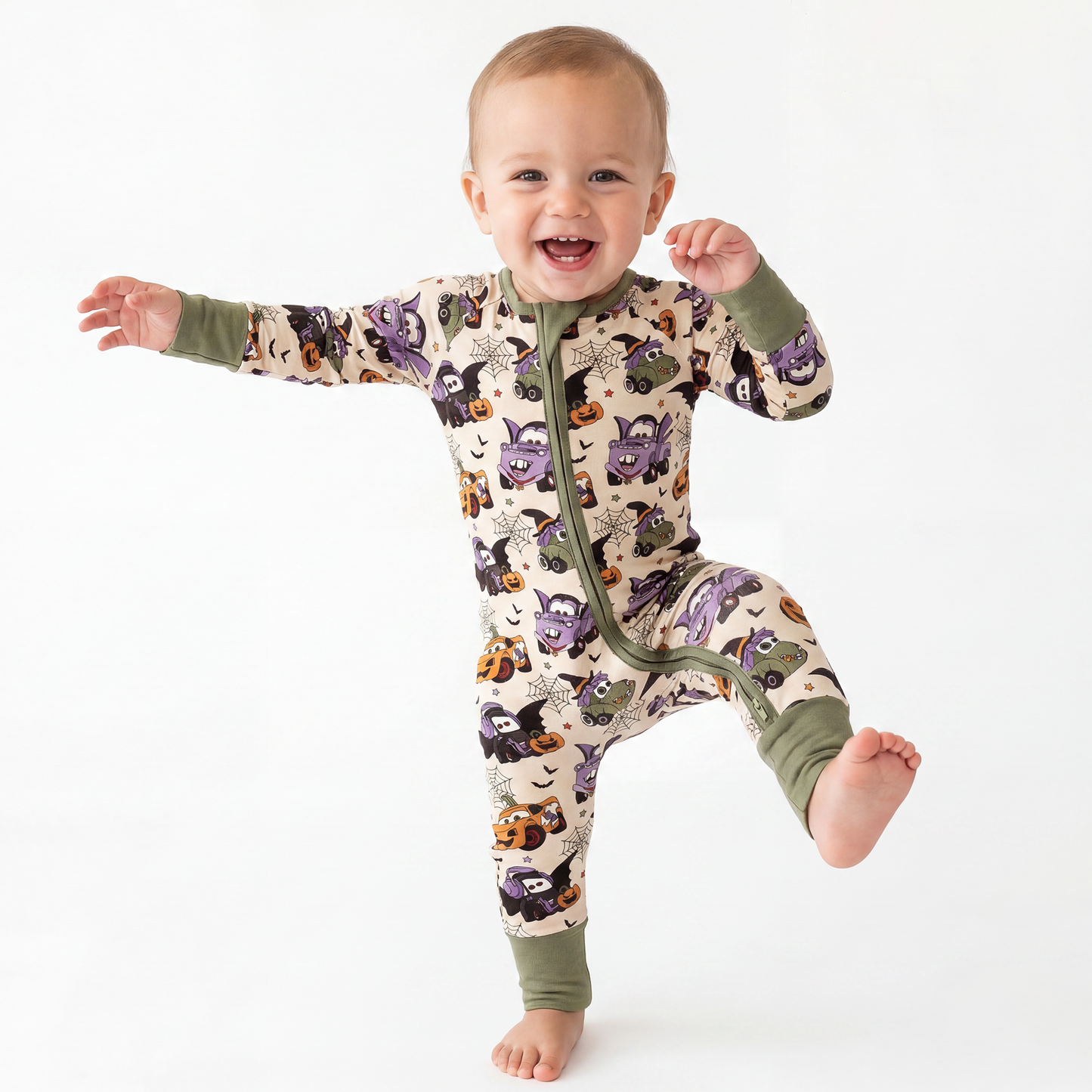 Halloween Spooky Race Cars Bamboo Zipper Romper Pajamas