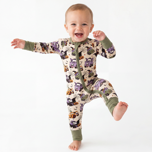 Halloween Spooky Race Cars Bamboo Zipper Romper Pajamas