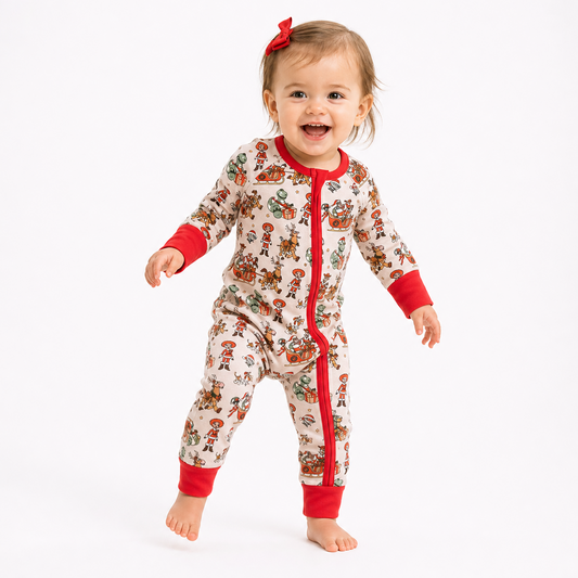 Christmas Reindeer Sleigh Baby Bamboo Zipper Romper Pajamas