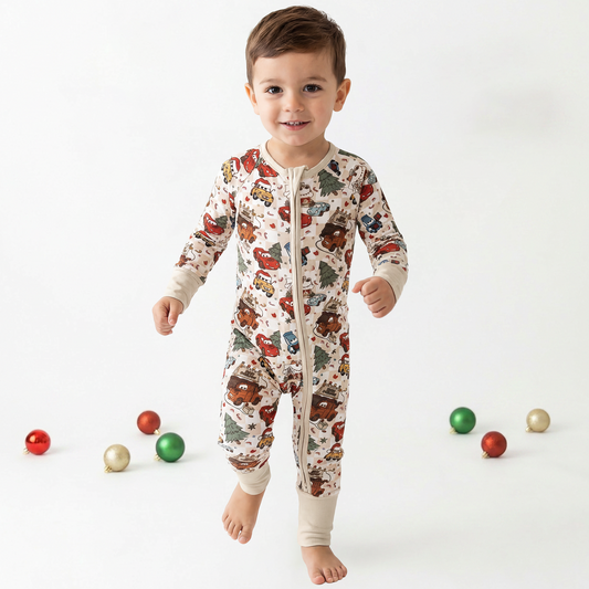 Christmas Race Car Friends Baby Bamboo Zipper Romper Pajamas