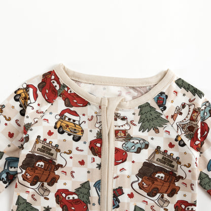 Christmas Race Car Friends Baby Bamboo Zipper Romper Pajamas