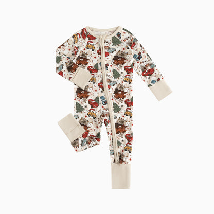 Christmas Race Car Friends Baby Bamboo Zipper Romper Pajamas
