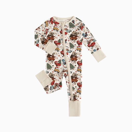 Christmas Race Car Friends Baby Bamboo Zipper Romper Pajamas
