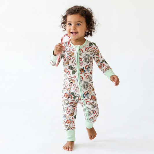 Christmas Candy Cane Toy Baby Bamboo Zipper Romper Pajamas