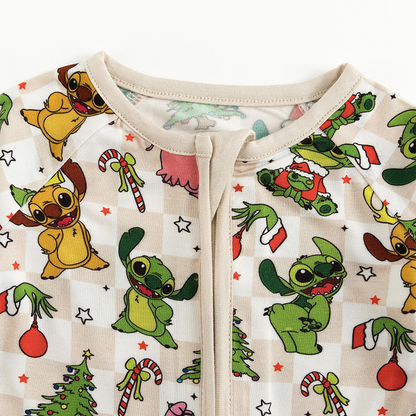Christmas Alien Friends Checkerboard Baby Bamboo Zipper Romper Pajamas