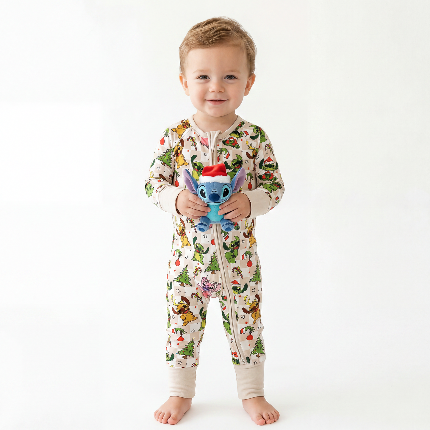 Christmas Alien Friends Checkerboard Baby Bamboo Zipper Romper Pajamas