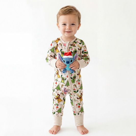 Christmas Alien Friends Checkerboard Baby Bamboo Zipper Romper Pajamas