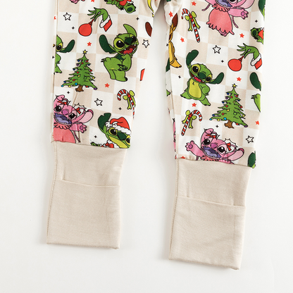 Christmas Alien Friends Checkerboard Baby Bamboo Zipper Romper Pajamas