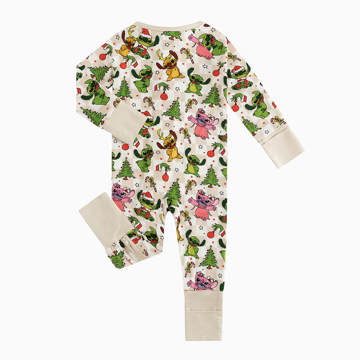 Christmas Alien Friends Checkerboard Baby Bamboo Zipper Romper Pajamas