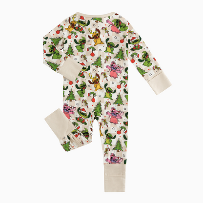 Christmas Alien Friends Checkerboard Baby Bamboo Zipper Romper Pajamas