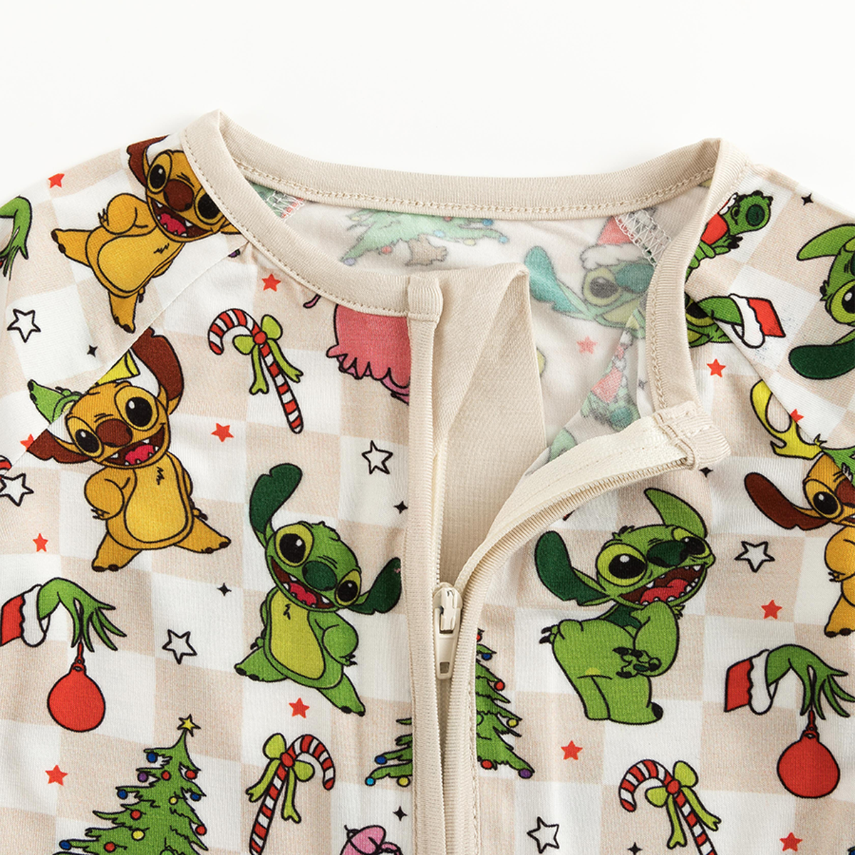 Christmas Alien Friends Checkerboard Baby Bamboo Zipper Romper Pajamas