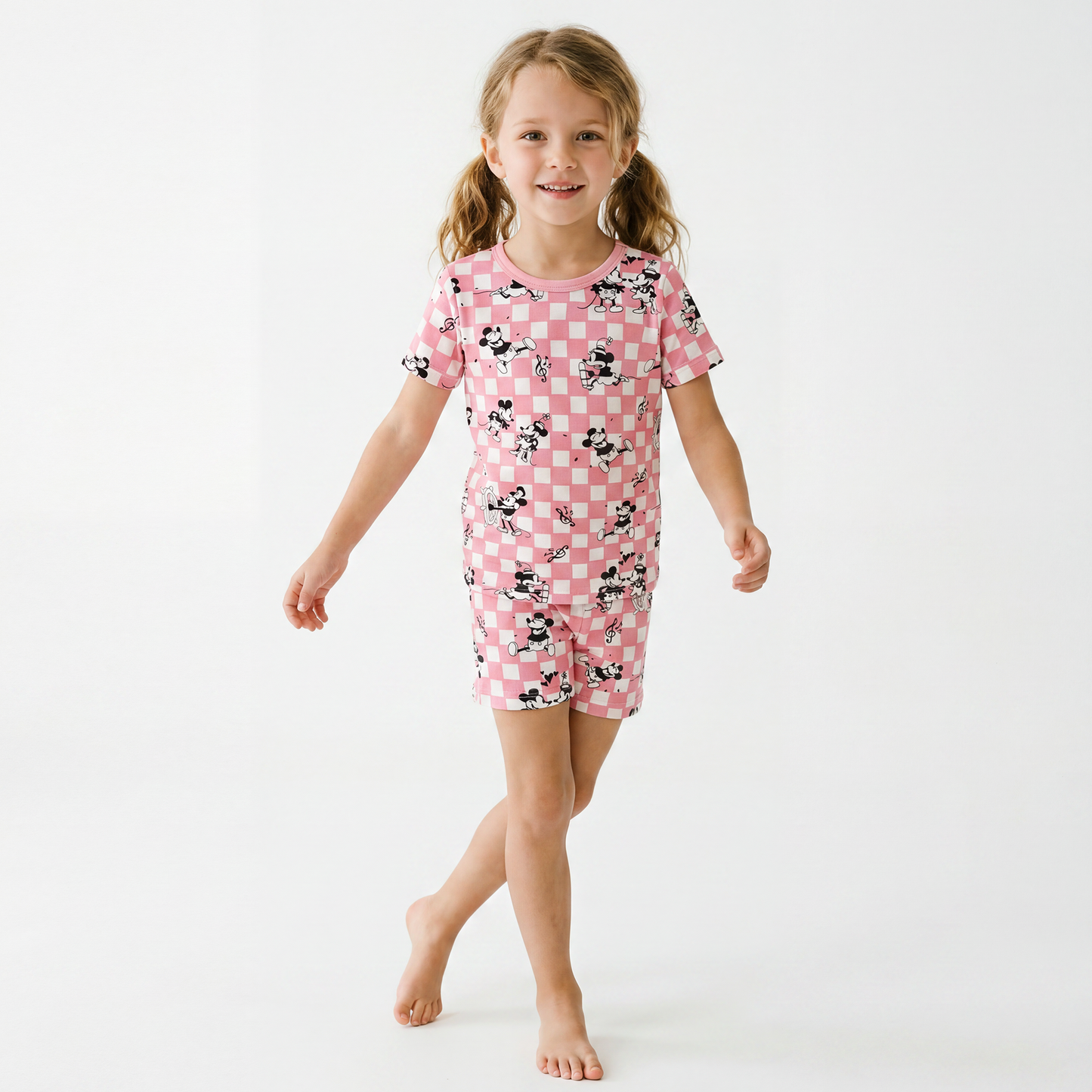Pink Plaid Mouse Bamboo Kid Two-Piece Short Pajama Set