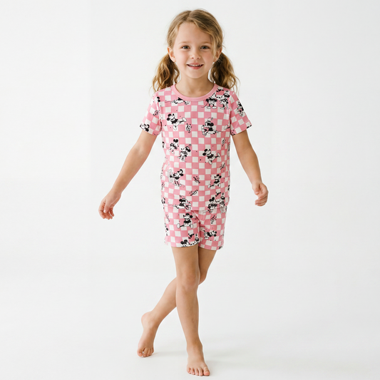 Pink Plaid Mouse Bamboo Kid Two-Piece Short Pajama Set
