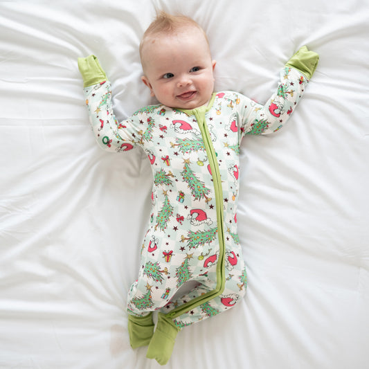 Christmas Tree Santa Hat Green Plaid Baby Bamboo Zipper Romper Pajamas
