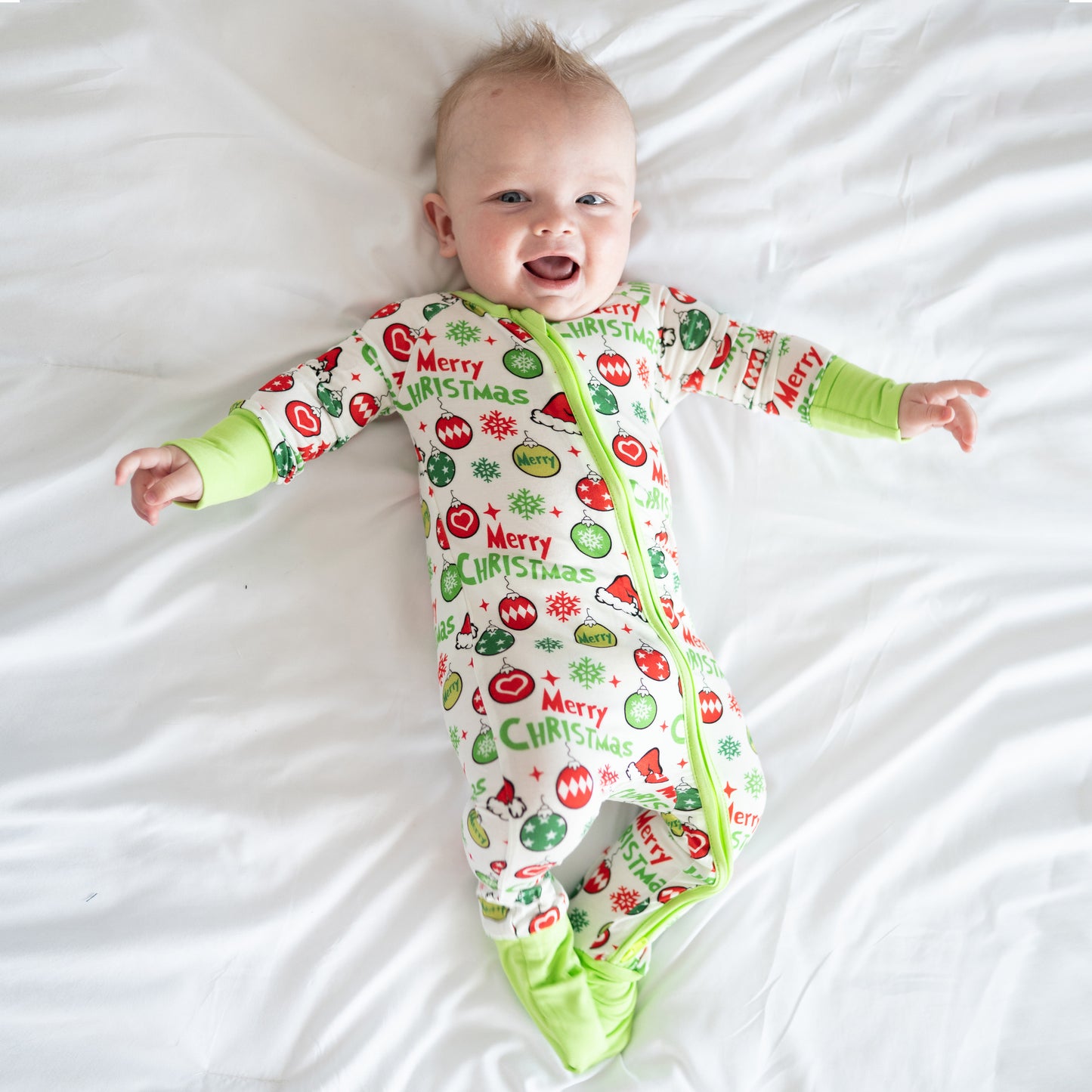 Merry Christmas Snowflake Baby Bamboo Zipper Romper Pajamas