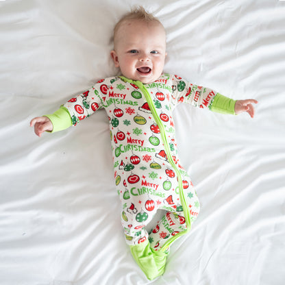 Merry Christmas Snowflake Baby Bamboo Zipper Romper Pajamas