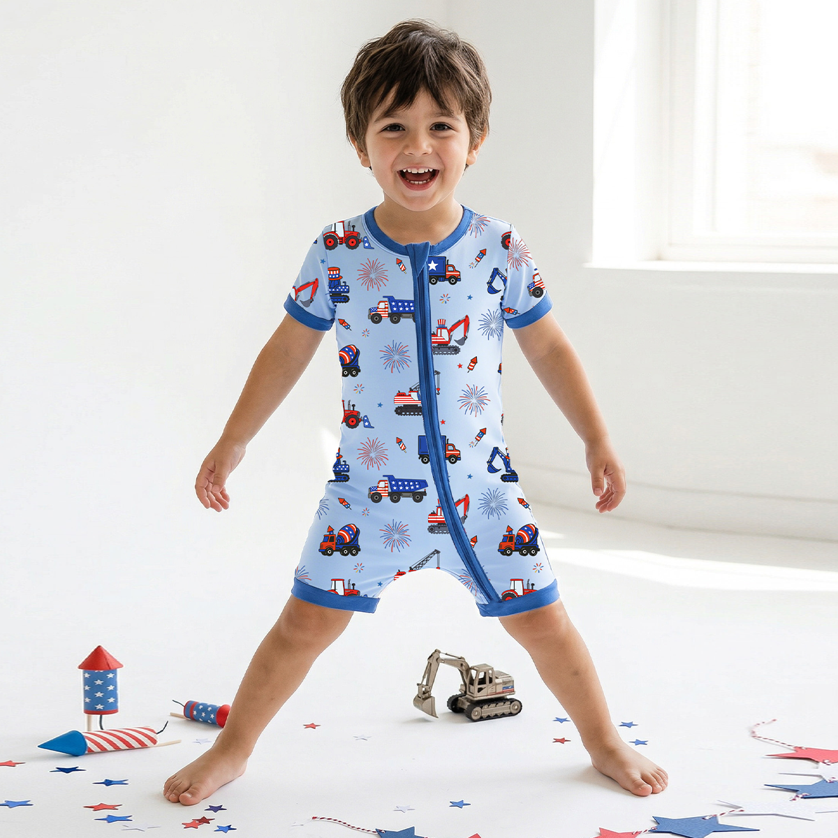 4th of July Stars Truck and Fireworks Baby Bamboo Zipper Pajama Romper