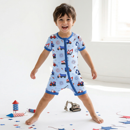 4th of July Stars Truck and Fireworks Baby Bamboo Zipper Pajama Romper