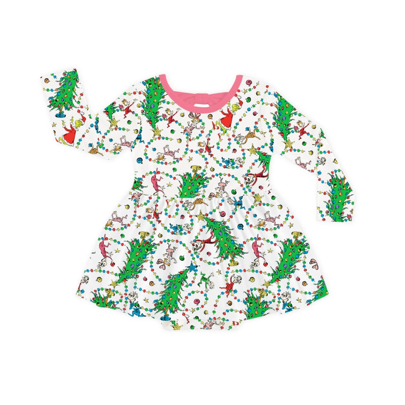 Christmas Tree Light Green Face Long Sleeve Twirl Dress With Bodysuit